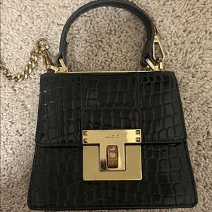 Aldo Black Croc-Embossed Crossbody with Gold Accents